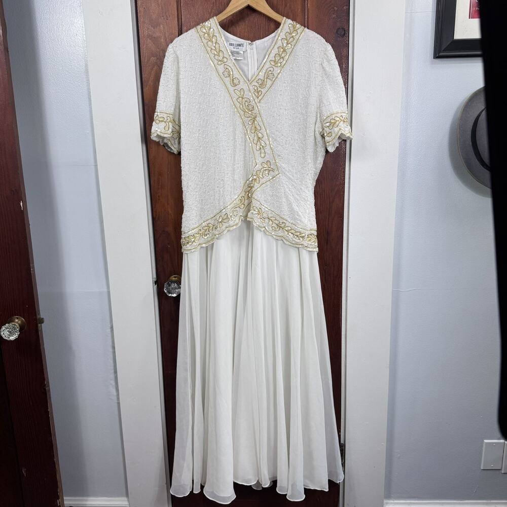 Vintage Brilliante by JA White Beaded Sequin Caftan Dress Maxi Short Sleeve XXL
